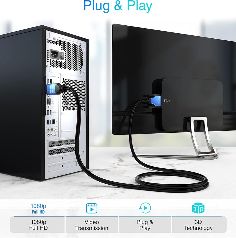 BlueRigger HDMI to DVI Cable (40FT, High-Speed, Bi-Directional Adapter Male to Male, DVI-D 24+1, 1080p, Aluminum Shell) - Compatible with Raspberry Pi, Roku, Xbox One, PS5/PS4/PS3, Graphics Card - Image 3
